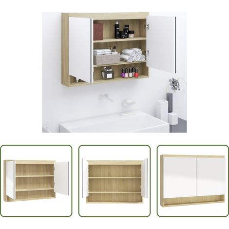 Miroir de salle de bain -  Armoire à miroir de salle de bain 80x15x60cm MDF Blanc et chêne (1/5)