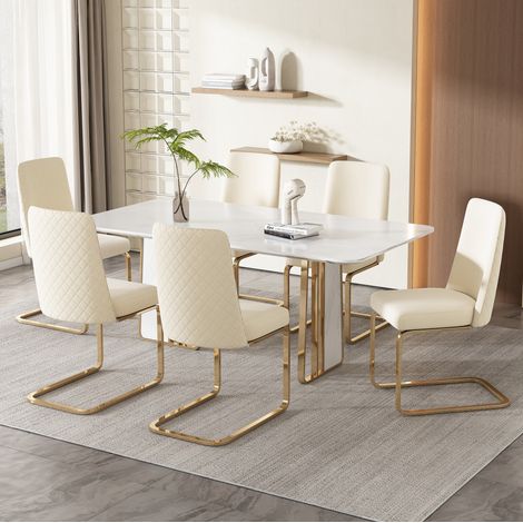 Juego de 6 sillas de comedor de terciopelo beige, respaldo acolchado en rombos DESVIAE (1/5)