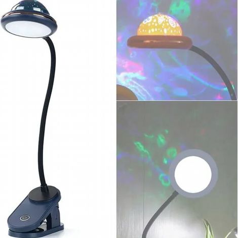 lampe de lecture à pince LED rechargeable par USB avec projection d'étoiles, intensité tactile à 360 °, (bleu) (1/5)