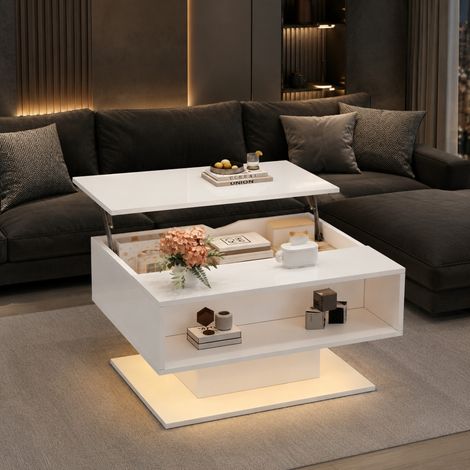 Mesa de centro elevable 80 x 75 x 40 cm con almacenaje, LED, blanco DESVIAE (1/4)