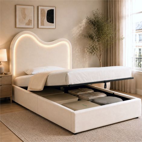 Modernluxe - Lit coffre enfant capitonné 90x200 cm - Avec sommier à lattes et tête de lit - Grand rangement - Tissu en velours - Blanc (sans matelas) (1/5)