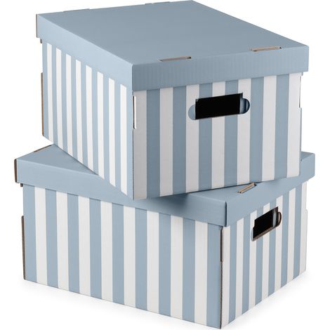 Lot de 2 boîtes de rangement rigides 40x31x21 cm – Carton certifié FSC – Poignées intégrées – Design rayé bleu – Compactor