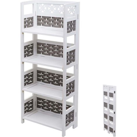 Étagère HWC-K86 - Étagère sur pied - pliable 4 étagères - Bois 110cm - blanc - tressage gris (1/5)