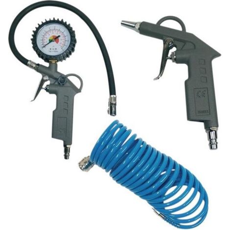 Set d'outils pneumatiques 12 bar – Pistolet de soufflage réglable – Pistolet de gonflage avec manomètre – Tuyau spiralé 5m – (1/5)