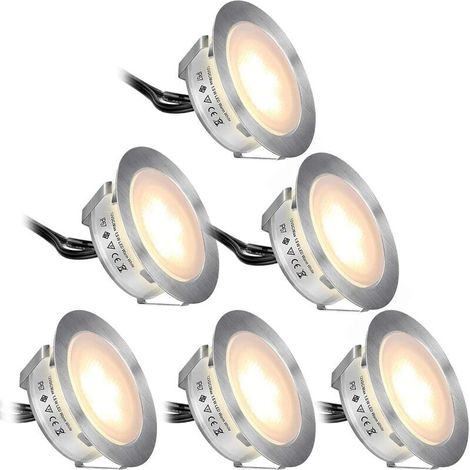 Bodeneinbaustrahler für den Außenbereich, 6 Stück, LED-Einbaustrahler für den Außenbereich, Warmweiß 2800 K, IP67 wasserdicht, DC12 V, 1,5 W, Ø 55 mm, Außeneinbaustrahler für Terrassentreppen aus Holz (1/4)