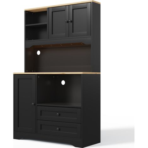 Mueble alto cocina negro 100x40x163 cm, LED, enchufes USB, microondas, estantes regulables (1/5)