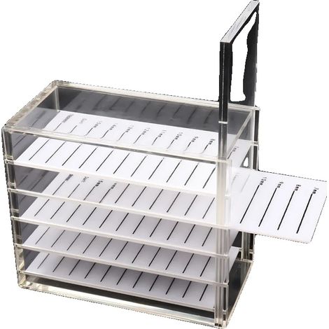 Scatola porta extension per ciglia, a cinque scomparti, in acrilico resistente, bianca con scaletta. (1/2)
