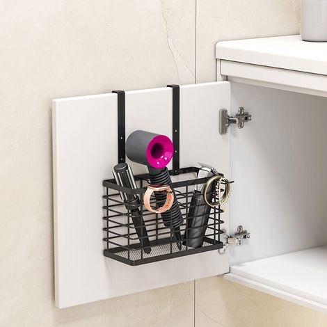 Supporto per asciugacapelli - Organizer 3 in 1 per strumenti per lo styling dei capelli - Altezza regolabile - Organizer da parete per armadietto/porta del bagno per asciugacapelli e piastre (Nero) (1/4)
