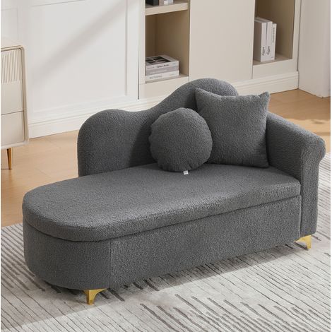 Méridienne 134 cm avec rangement, dossier ondulé, 2 coussins, tissu effet mouton antique salon, gris (1/5)