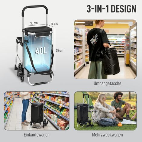 Chariot de courses 40L, sac Oxford, 3 roues, cadre aluminium, siège, gris (1/5)