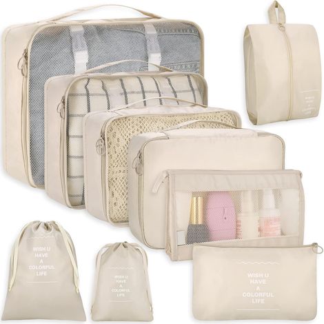 Cubes de rangement pour valises, lot de 9 organisateurs de voyage étanches pour cosmétiques, articles de toilette, vêtements et chaussures, beige (1/5)