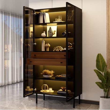 Vitrina de cristal 70 x 36 x 170 cm, LED controlada por app, 2 cajones, negra DESVIAE (1/5)