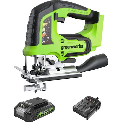Greenworks GD24JSK2 Seghetto Alternativo a Batteria con 2 Lame, 3000 colpi/min., Base Regolabile Fino a 45°, Attacco Aspiratore PIÙ Batteria 24V 2Ah e Caricabatterie, Garanzia 3 Anni (1/4)