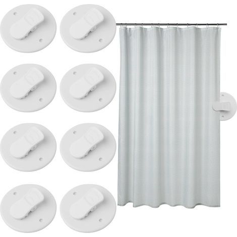 Lot de 8 clips de rideau de douche autocollants blancs pour éviter les éclaboussures d'eau et maintenir le rembourrage du rideau près du mur. Fixations pour rideaux de douche à domicile. (1/5)