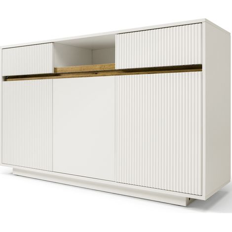 Buffet blanc LED 140 x 40 x 85 cm avec 2 tiroirs et 3 portes MODENUIT (1/5)