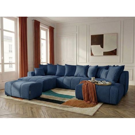 BOBOCHIC - Canapé panoramique convertible ROXELANE tissu chiné avec pouf Angle gauche  Bleu foncé