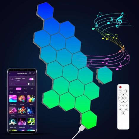 Panneau LED Hexagonal Gaming Murale Lampe - 20pcs Smart Music Sync Deco Modulaires RGB Lights App&Télécommande Contrôle Gaming Setup Hexagone Creative Appliques Murales [Classe énergétique F] (1/5)