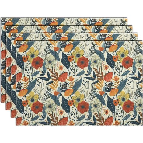 Lot de 4 Sets de Table Boho Fleur Colorée, Dessous Table Antidérapants en Lin Floraux Aquarelle, Dessous Assiette Lavable Rectangulaire Vintage pour Cuisine et Salle à Manger Décor 30x45cm (1/5)
