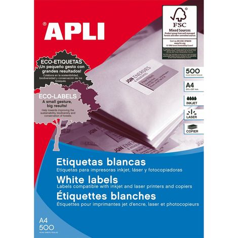 APLI 1782 - Etiquetas blancas permanentes adhesivas imprimibles, Inkjet-Laser-Copy, tamaño etiqueta 70 x 35 mm, cantos rectos, pack de 500 hojas A4 (12 000 etiquetas), ideal para sobres y paquetes (1/3)