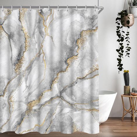 Rideau de douche 240 x 180 cm - Motif marbre - Ourlet lesté - Textile anti-moisissure - Imperméable - Lavable - En polyester - Avec 16 œillets et anneaux de rideau de douche - Pour salle de (1/5)