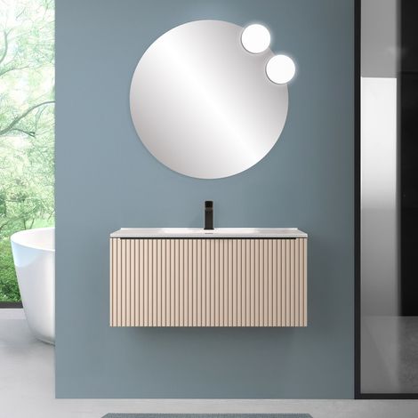 Mobile bagno sospeso 90 cm cappuccino cannettato con cassetto e lavabo Nara (1/5)