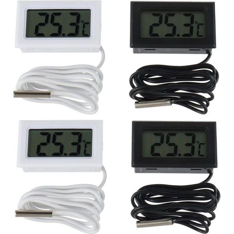 Lot de 2 thermomètres numériques LCD avec sonde étanche pour réfrigérateur, congélateur et aquarium, thermo-hygromètre intégré (lot de 2 noirs et 2 blancs)