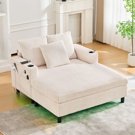 Fauteuil relax XXL velours côtelé beige USB LED OKMYHOME (1/5)
