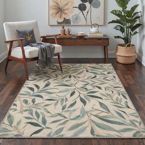 Tapis Salon Vintage 120x170cm Lavable en Machine Rug AntidéRapant Poil Ras, pour Chambre Salle a Manger Descente de Lit Bureau, Cuisine,Vert Feuillage (1/5)