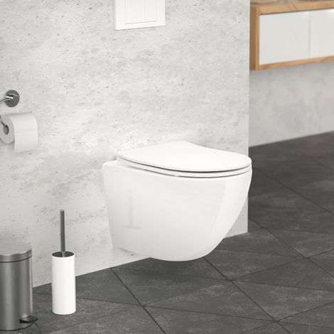 LuxeBath Toilette Suspendu sans Rebord, Blanc, avec Siège WC Amovible en Duroplast, Softclose Abaissement Automatique, Chasse d'eau Profonde Saillie Courte 49 cm, WC en Céramique pour Salle de Bain (1/5)