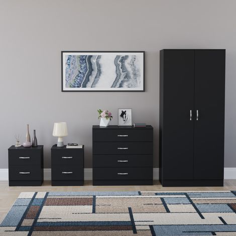 Riano 4 Piece Bedroom Set (2 Drawer Bedside Chest, 4 Drawer Chest, 2 Door Wardrobe), Black (1/5)