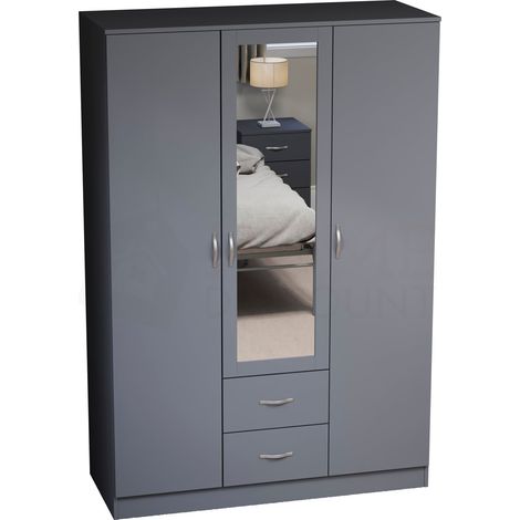 Riano 3 Door 2 Drawer Mirrored Wardrobes With Hanging Rail & Shelves, Grey