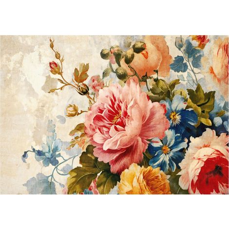 Papier peint fleurs sur béton grandes roses décoration murale pour chambre à coucher – 300 x 210 cm Wallarena (1/4)