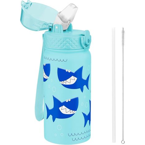 Trinkflasche Edelstahl Kinder Strohhalm Deckel Blauer Hai 420ml 14oz (1/5)