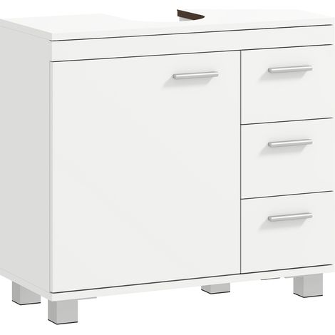Meuble vasque avec tiroir inférieur, 2 étagères et 3 tiroirs, structure en MDF, couleur blanche