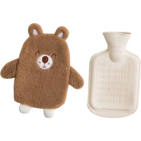 Bouteille isotherme et couvercle, en caoutchouc/peluche, mignonne, marron/blanc