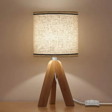 Lampe de table en bois trépied, douille E27, abat-jour lin, style vintage pour chambre, salon ou bureau, luminaire rétro avec pied tripode, éclairage chaleureux. (1/5)