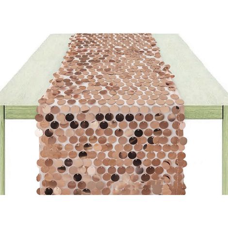 Chemin de table en polyester pailleté orné de sequins holographiques, idéal pour les fêtes, mariages, anniversaires et fiançailles, couleur or rose. (1/5)