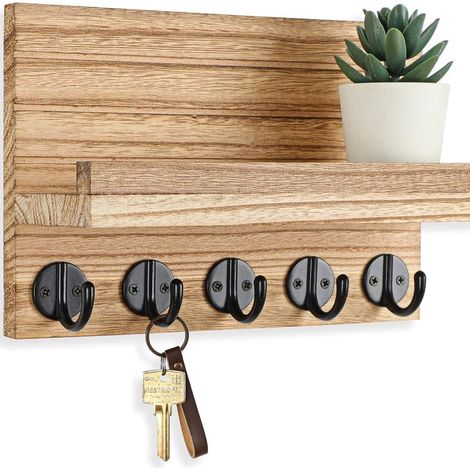 Porte-clés mural décoratif en bois avec petite étagère et 5 crochets, idéal pour l'entrée, le couloir, la chambre ou le salon. Couleur kaki. (1/5)