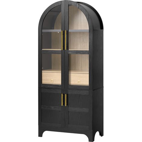 Credenza alta nera con ripiani regolabili e cassetto, vetrina con vetro rigato, 76 x 40 x 180 cm (1/5)