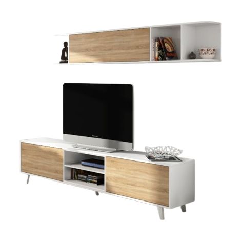 Parete attrezzata porta TV 180 cm bianco lucido e rovere canadese - Pisa (1/5)