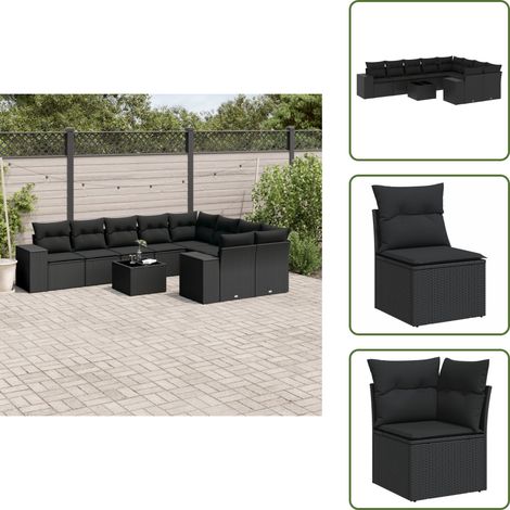 The Living Store 10-tlg. Garten-Sofagarnitur mit Kissen Schwarz Poly Rattan - Gartenmöbel Set - PE-Rattan Möbel - Outdoor Lounge - Esstisch Set - Balkonmöbel (1/5)