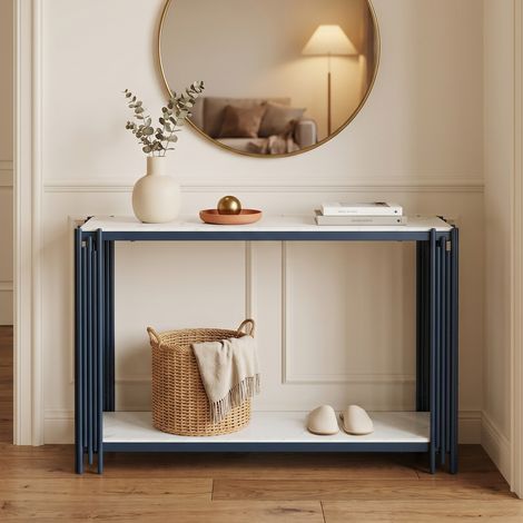 Table console étroite imitation marbre blanc cadre métallique noir 80x123,5x33,5cm avec 2 étagères décorative pour entrée, couloir, salon et chambre (1/5)