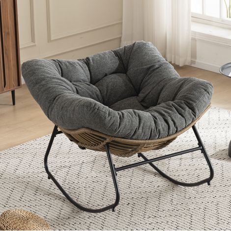 Sedia a dondolo 102x98x77 cm in ciniglia e metallo grigio, moderna per soggiorno FLORAGRACE (1/5)