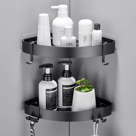Estante esquinero para ducha, no requiere perforación, 2 piezas, negro mate  Soporte adhesivo de alta resistencia para gel de ducha y champú, aluminio, capacidad de 15 kg (1/5)