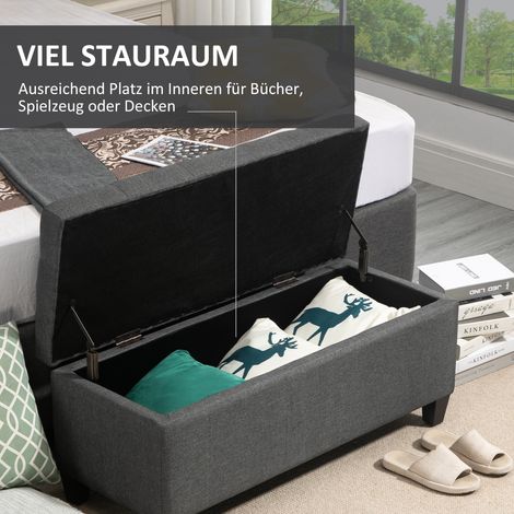 Banc coffre de rangement capitonné aspect lin, banquette à tiroir avec pieds bois, meuble de rangement pour salon, chambre ou entrée, 100 x 40 x 44 cm, gris anthracite