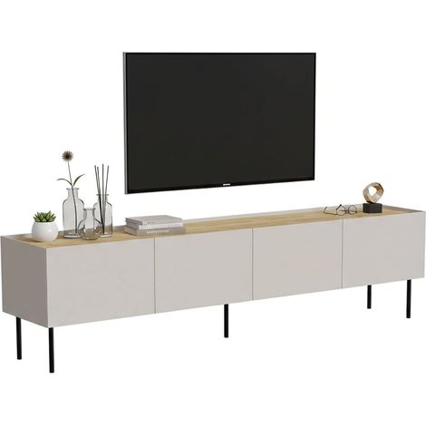 Mobile porta TV Scopa, Madia da salotto con quattro ante battenti e quattro vani interni, Rialzato da terra, 200x40 h52 cm, Beige e Rovere