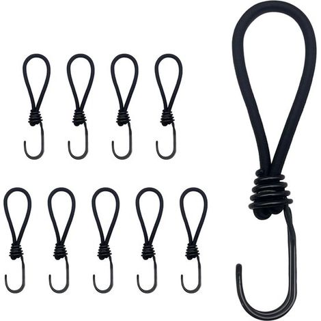 Lot de 10 cordons élastiques avec crochet - Attaches pour tentes - 8 x 2 cm - Noir - Latex + Fer - Crochet d'extension professionnel (1/5)
