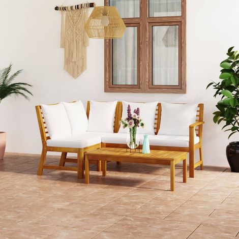 4-tlg. Garten-Lounge-Set mit Auflagen Creme Massivholz Akazie