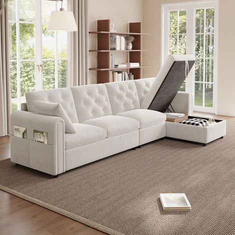 Sofá de esquina 281x132x86 cm beige de terciopelo con arcón, función cama y chaise longue reversible (1/5)