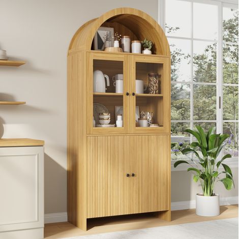 Credenza alta in truciolare con ante in vetro e vano chiuso ondulato, finitura naturale, 78x40x176 cm (1/5)